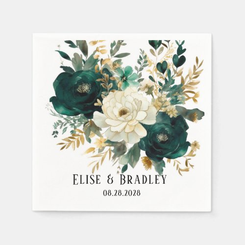 Emerald Green and White Gold Peonies Wedding Napkins