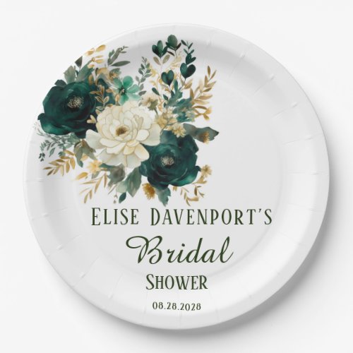 Emerald Green and White Gold Peonies Wedding Paper Plates