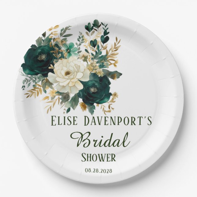 Emerald Green and White Gold Peonies Wedding Paper Plates (Front)