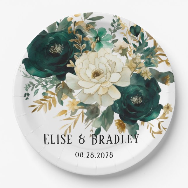 Emerald Green and White Gold Peonies Wedding Paper Plates (Front)