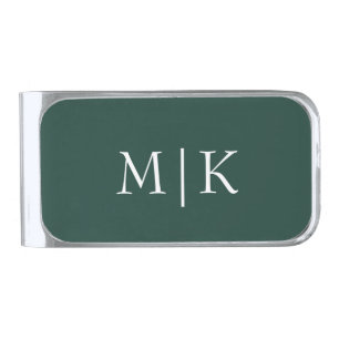 Emerald Green and White   Modern Monogram Silver Finish Money Clip