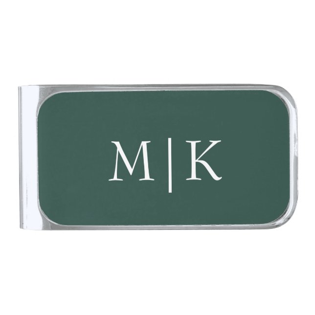 Emerald Green and White | Modern Monogram Silver Finish Money Clip (Front)