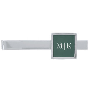 Emerald Green and White   Modern Monogram Silver Finish Tie Bar