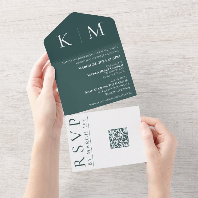 Emerald Green and White-Monogram-Wedding  All In One Invitation (Tearaway)