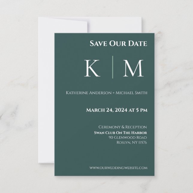 Emerald Green and White-Monogram-Wedding- Save The Date (Front)