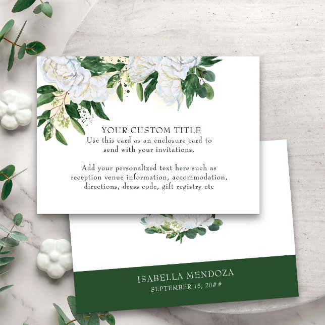 Emerald Green and White Peony Floral Custom Enclosure Card (Custom enclosure card for reception details or any other information - Emerald Greenery collection)