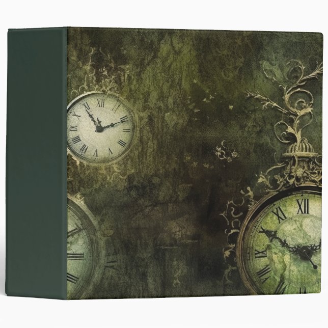 Emerald Green Antique Clockwork Aesthetic 3 Ring Binder (Front/Spine)