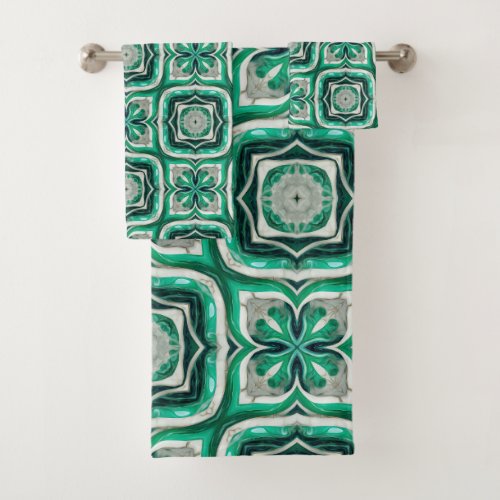 Emerald Green Arabesque Pattern Bath Towel Set