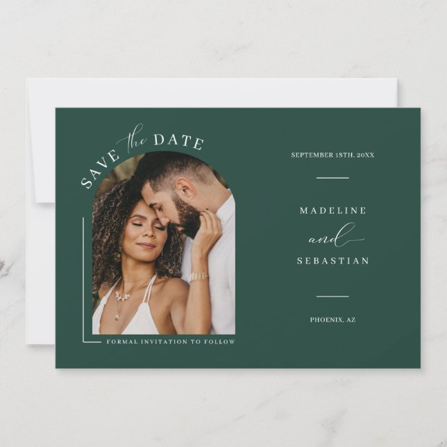 Emerald Green Arch Photo QR Code Save the Date Inv Invitation (Front)