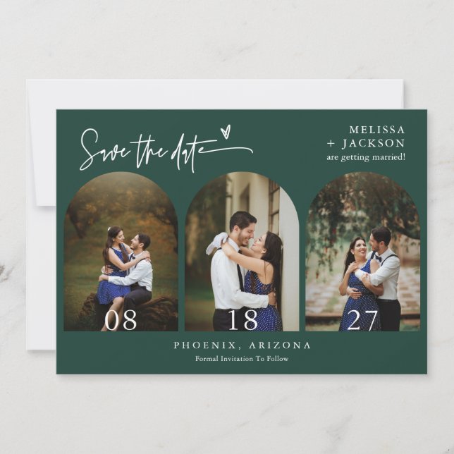 Emerald Green Arch Photo QR Code Save the Date Invitation (Front)