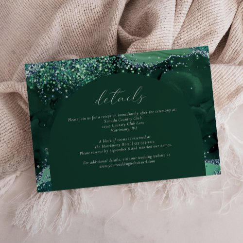 Emerald Green Arch Silver Glitter Wedding Details RSVP Card
