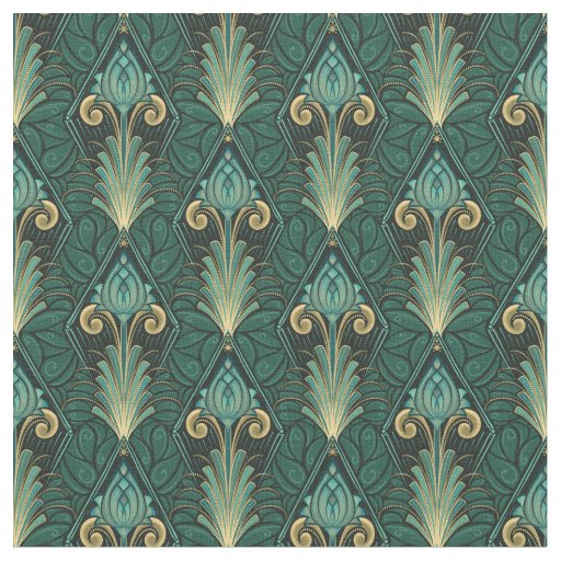 Emerald Green Art Deco Lotus on Leafy background Fabric