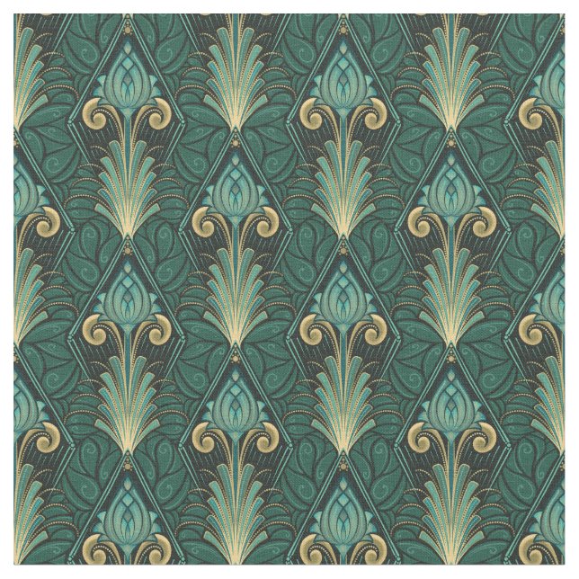 Emerald Green Art Deco Lotus on Leafy background Fabric (Close Up)
