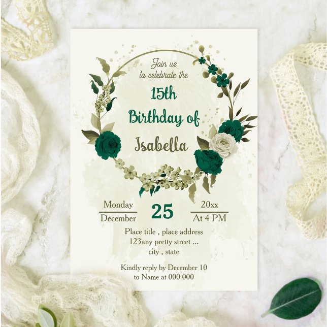 emerald green beige flowers birthday invitation (Creator Uploaded)