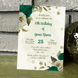 emerald green beige flowers birthday invitation