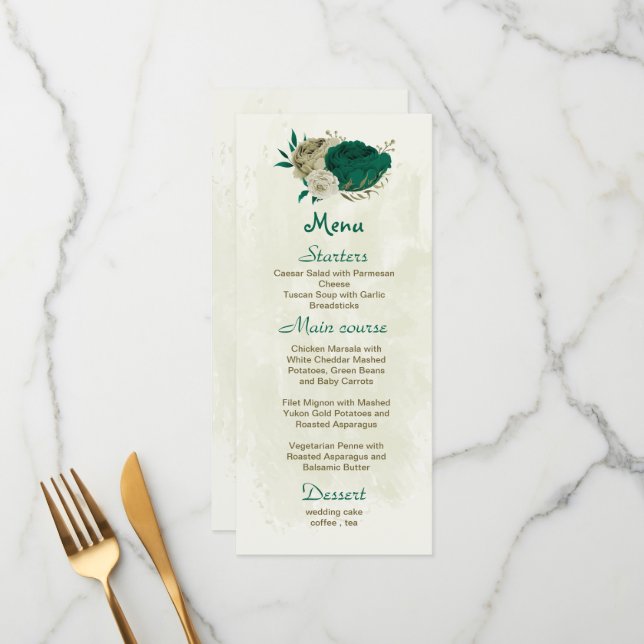 emerald green beige flowers botanical wedding menu (Front/Back In Situ)