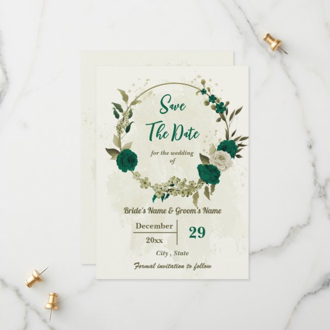 emerald green beige flowers botanical wedding save the date (Front/Back In Situ)