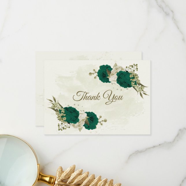 emerald green beige flowers botanical wedding thank you card (Front/Back In Situ)