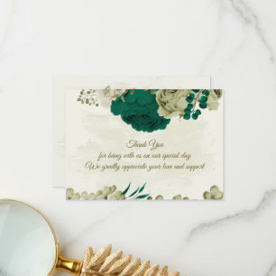 emerald green beige flowers botanical wedding thank you card
