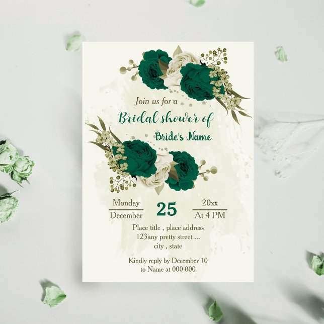emerald green beige flowers bridal shower invitation (Creator Uploaded)
