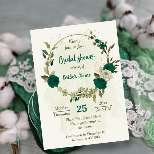 emerald green beige flowers bridal shower invitation