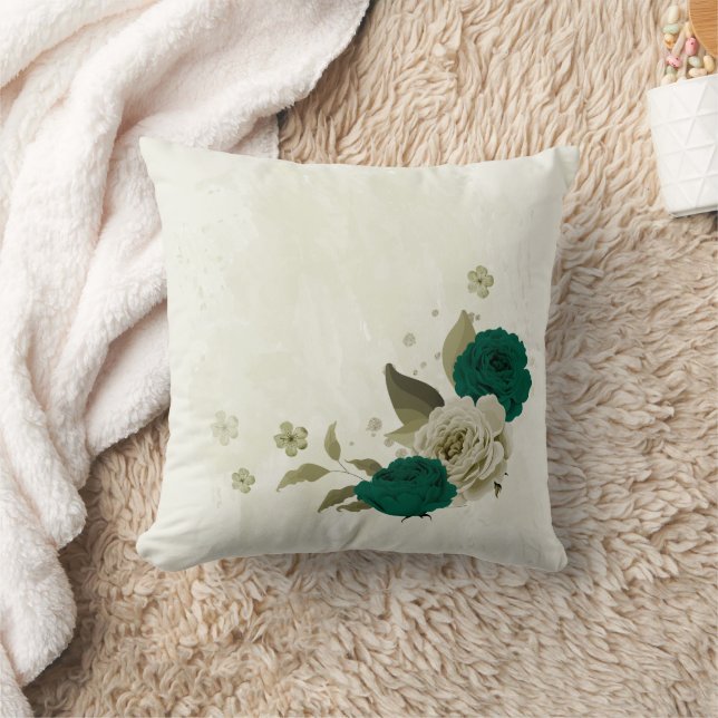 emerald green beige flowers  throw pillow (Blanket)