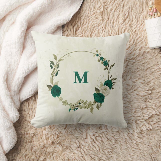 emerald green beige flowers  throw pillow (Blanket)