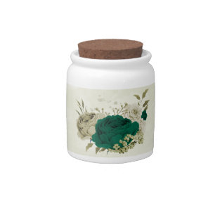 emerald green beige flowers wedding candy jar