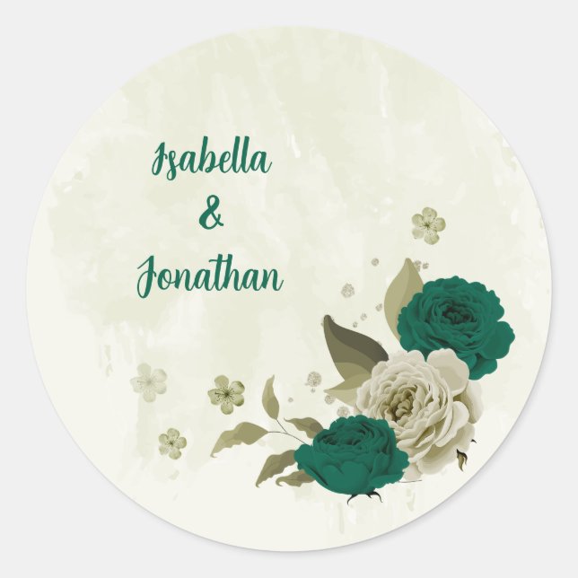 emerald green beige flowers wedding classic round sticker (Front)