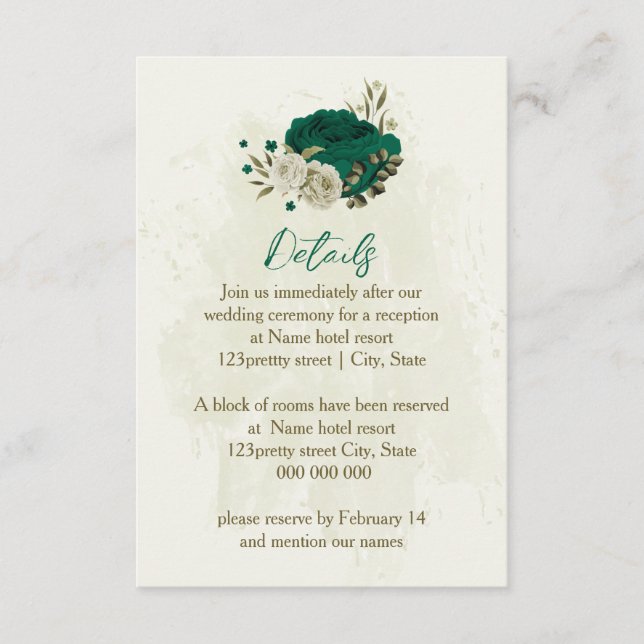 emerald green beige flowers wedding details enclosure card (Front)