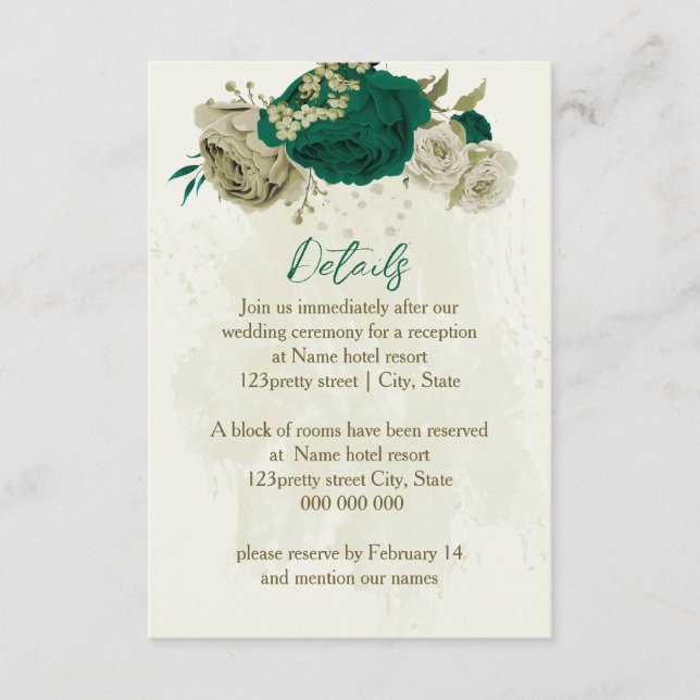 emerald green beige flowers wedding details enclosure card (Front)