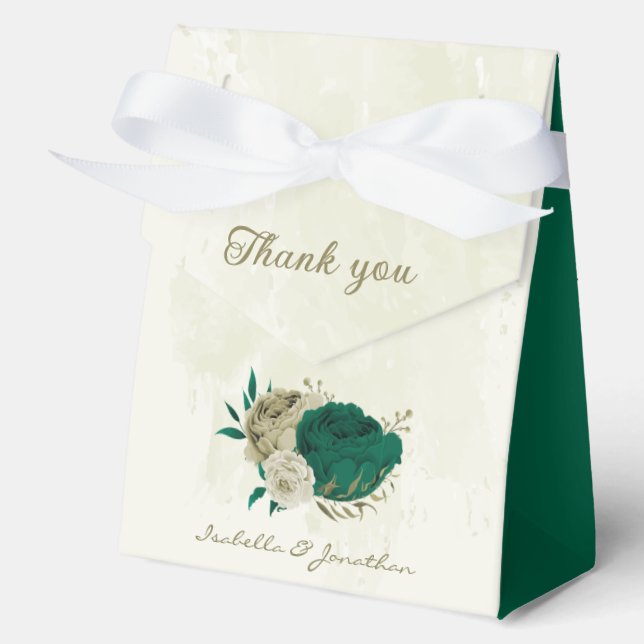 emerald green beige flowers wedding  favor boxes (Front)
