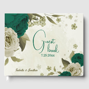 emerald green beige flowers wedding guest book