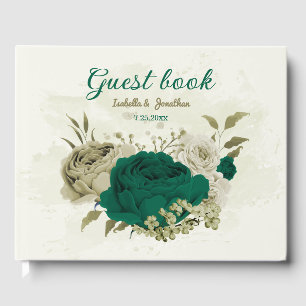emerald green beige flowers wedding guest book