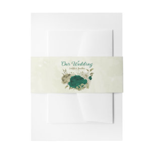 emerald green beige flowers wedding invitation belly band