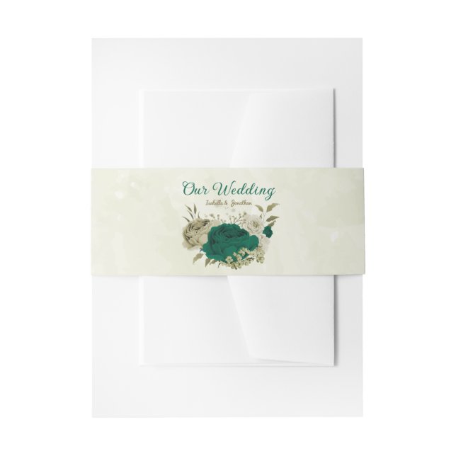emerald green beige flowers wedding  invitation belly band (Front Example)