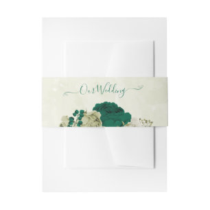 emerald green beige flowers wedding invitation belly band