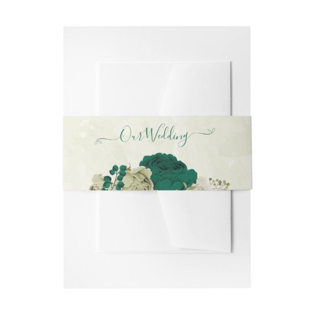 emerald green beige flowers wedding  invitation belly band (Front Example)