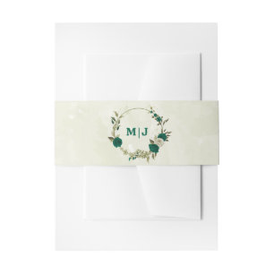 emerald green beige flowers wedding invitation belly band
