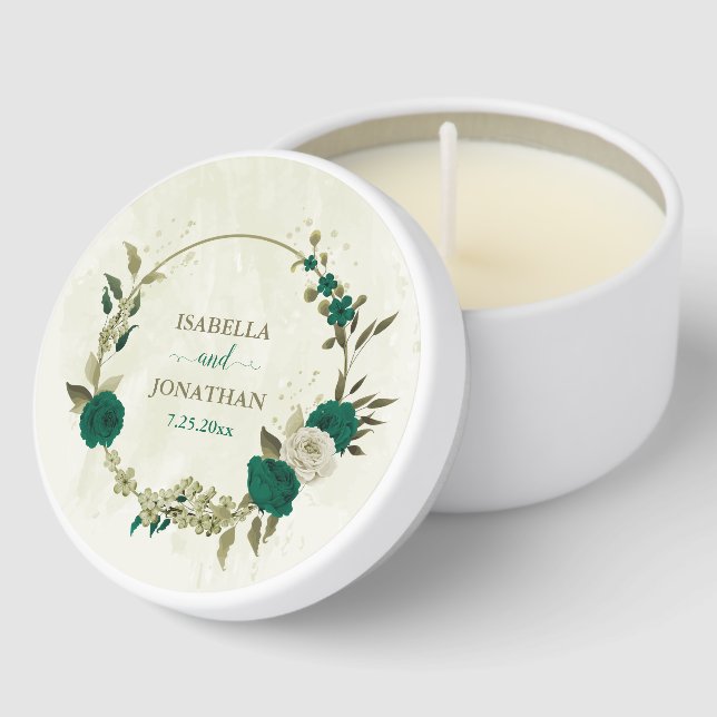 emerald green beige flowers wedding mini candle favors (Corner)