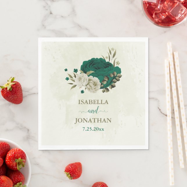 emerald green beige flowers wedding napkins (Insitu)