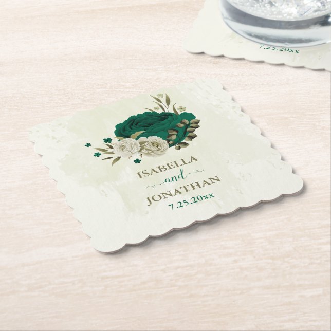emerald green beige flowers wedding paper coaster (Angled)
