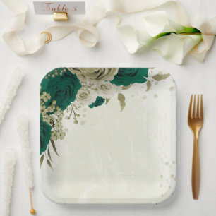 emerald green beige flowers wedding paper plates