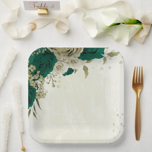 emerald green beige flowers wedding paper plates (Wedding)