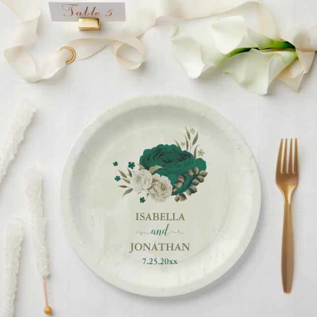 emerald green beige flowers wedding paper plates (Wedding)