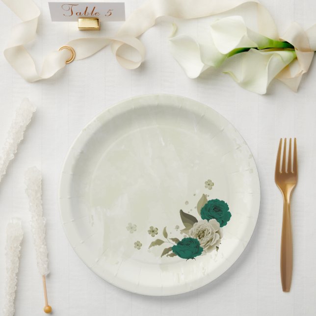 emerald green beige flowers wedding paper plates (Wedding)
