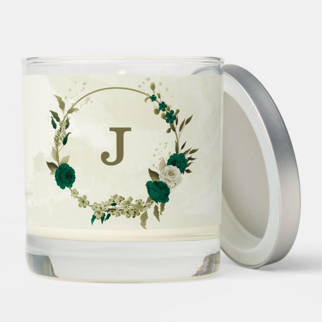 emerald green beige flowers wedding scented candle (Lid)