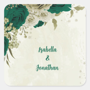 emerald green beige flowers wedding square sticker