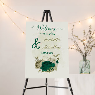 emerald green beige flowers wedding welcome sign