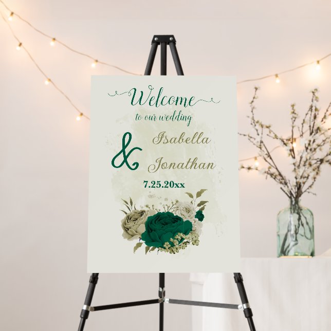 emerald green beige flowers wedding welcome sign (In Situ (Stand))
